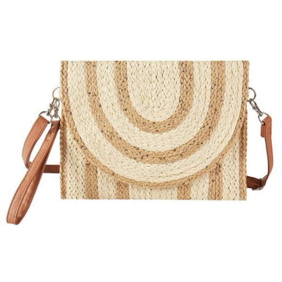 Cream & Tan Two Tone Straw & Sequin Clutch Wristlet or Crossbody Bag NWT - Picture 1 of 13